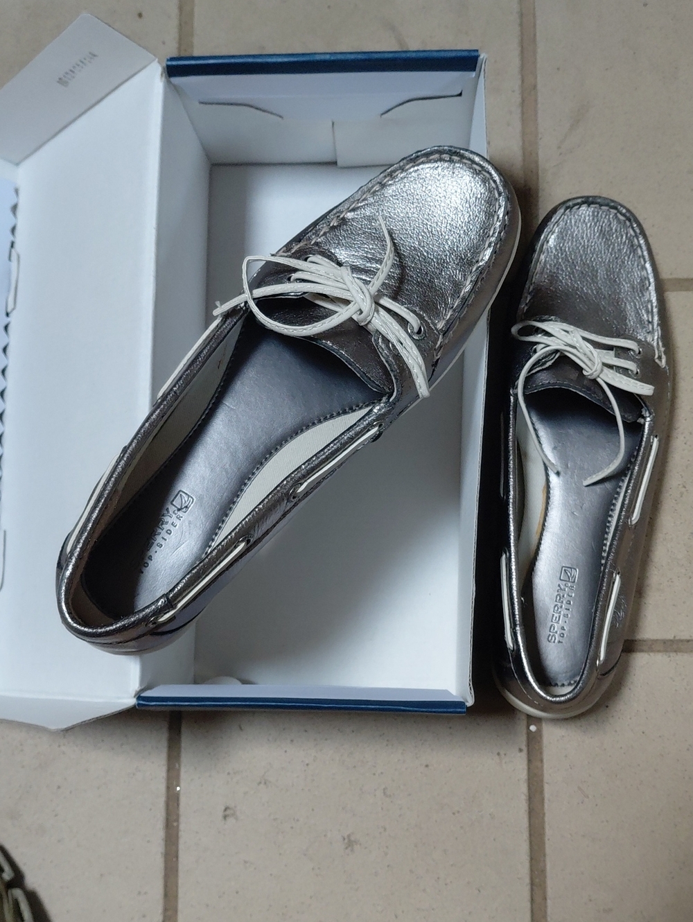 Sperry Metallic Silver Leather Boat Loafers with White Laces